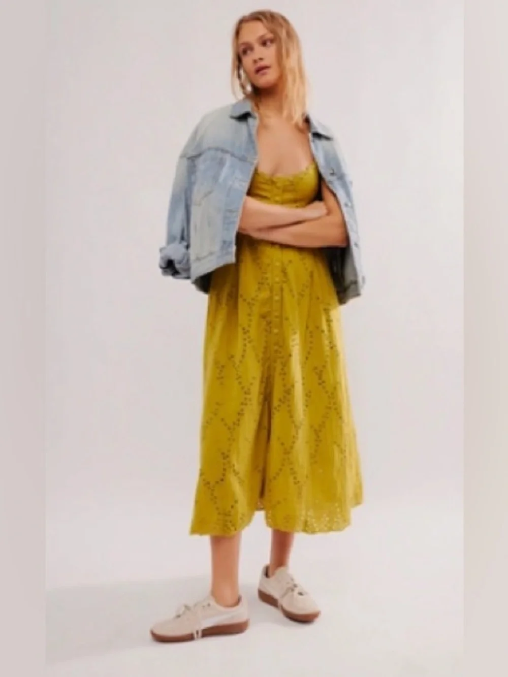 Free people Mustard Eyelet Midi Sundress - Picture 1 of 4